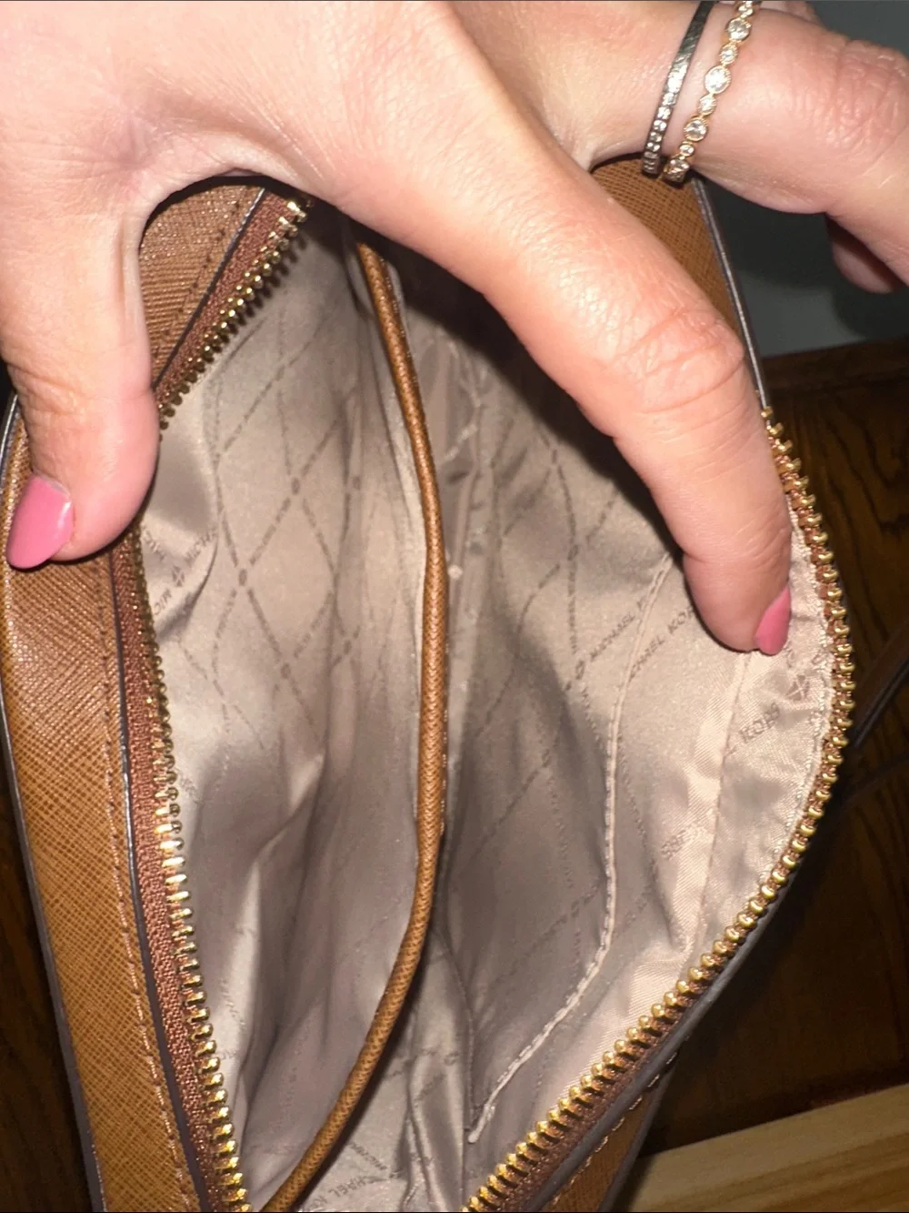 MICHAEL KORS Brown Saffiano Leather Crossbody with Gold Chain Trim